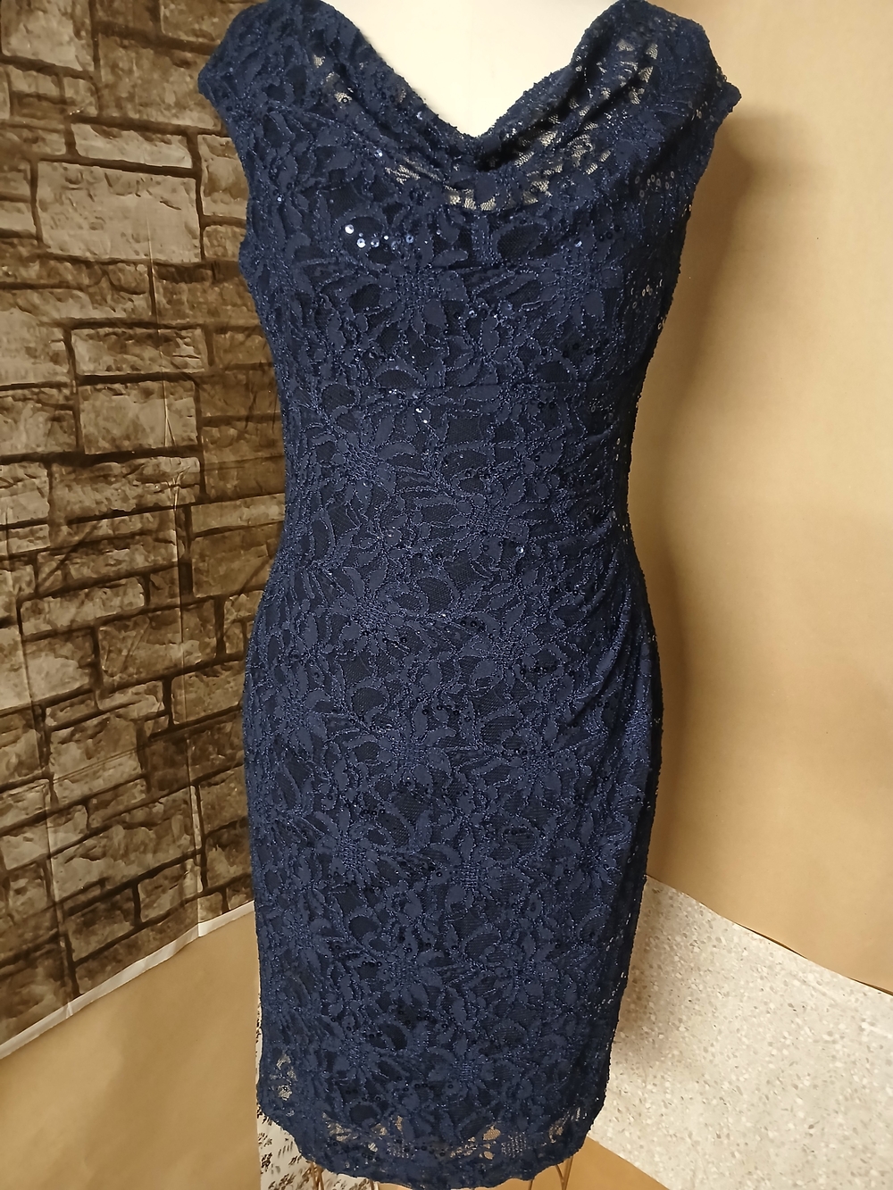 Lauren Ralph Lauren Navy Lace Midi Dress with Subtle Sequins